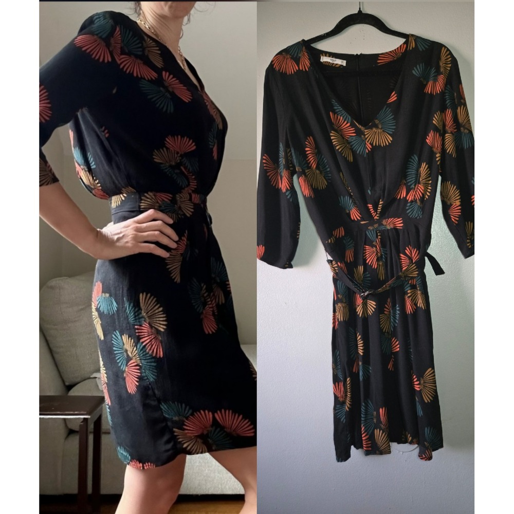 Mango MNG Belted Wrap Dress Size 8‎ Black Abstract Print V Neck Midi